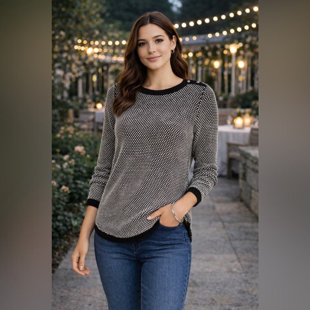 NEW Charter Club Black White Sparkle Button Shoulder Tunic Sweater